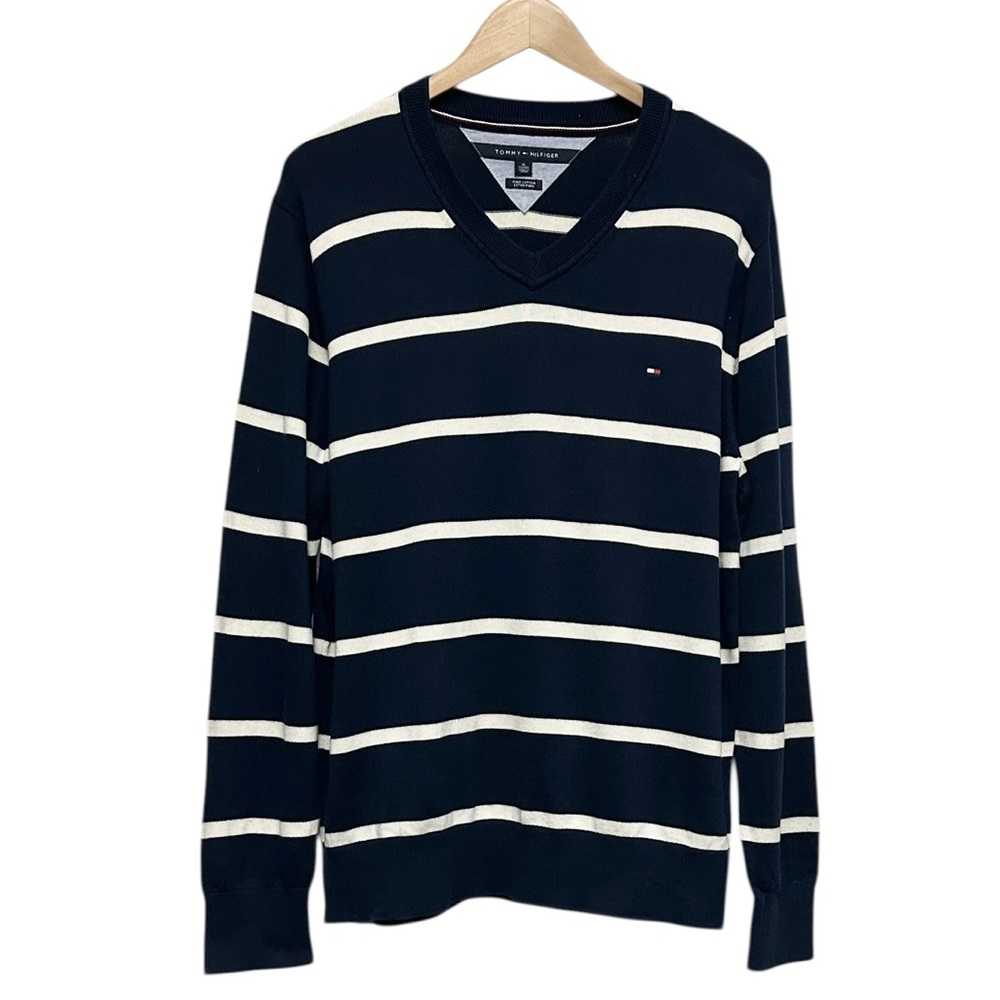 Tommy Hilfiger Men's V-neck Pima Cotton Navy‎ Sweater with White Stripes Size XL